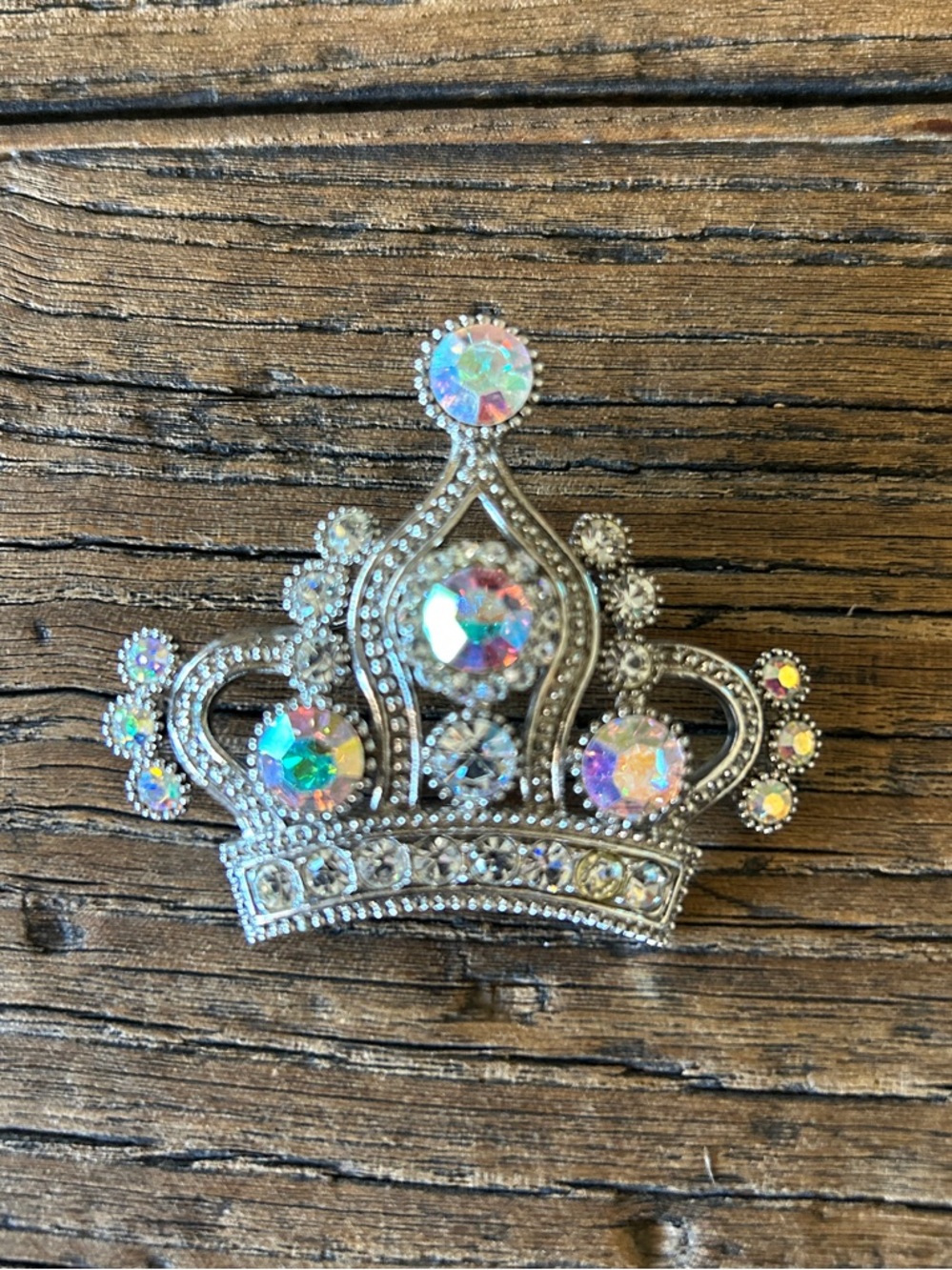 Silver Iridescent rhinestone Jewel Crown brooch